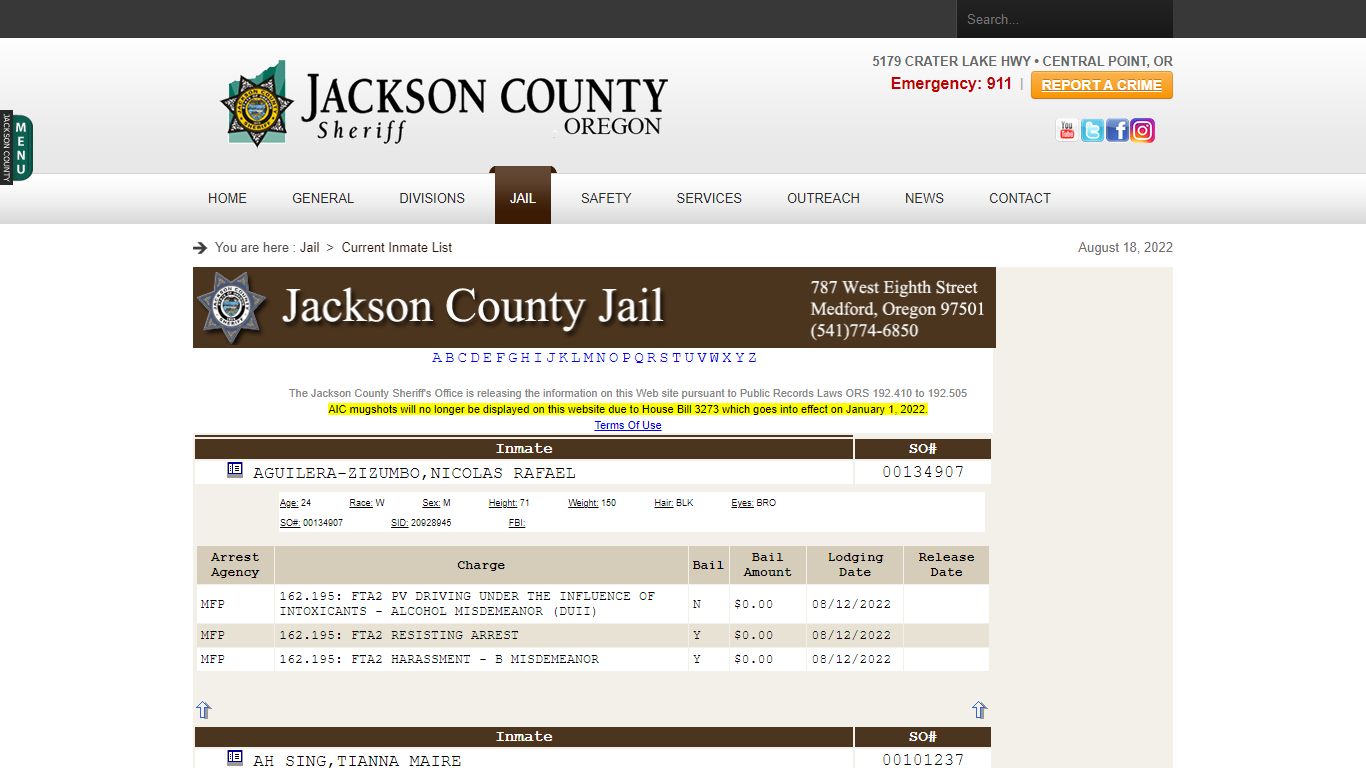 Current Inmates - Jackson County, Oregon